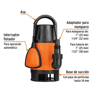 Bomba sumergible plástica, 1-1/2 HP para agua sucia, Truper