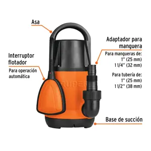 Bomba sumergible plástica, 1 HP para agua limpia, Truper