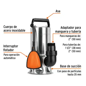 Bomba sumergible acero inoxidable, agua sucia, 1HP, Truper