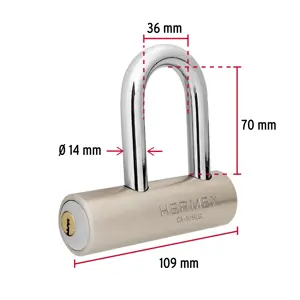 Hermex Candado de acero, 109mm, gancho largo, llave de puntos