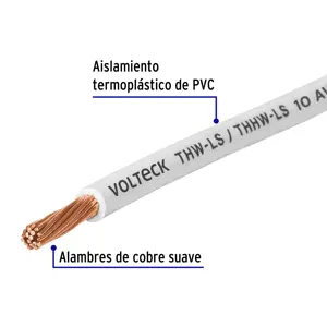 Rollo de 100 m de cable THHW-LS 10 AWG blanco, Volteck