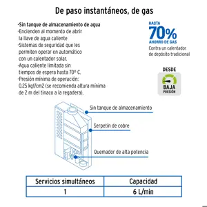 Calentador instantáneo, 6L, 1 servicio, gas LP, Foset