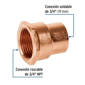 Conector de cobre, rosca interior 3/4