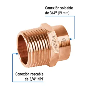 Conector de cobre, rosca exterior 3/4