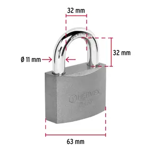 Candado de hierro 63 mm gancho corto en caja, Hermex