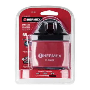 Hermex Candado de hierro 65 mm gancho protegido, llave anti-ganzúa