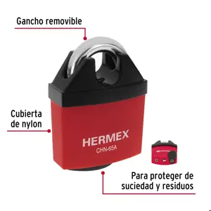 Hermex Candado de hierro 65 mm gancho protegido, llave anti-ganzúa