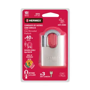 Hermex Candado de hierro 40 mm con coraza, llave anti-ganzúa