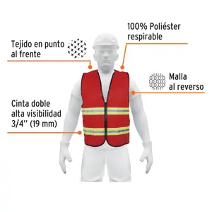 Truper Chaleco de seguridad rojo alta visibilidad con cierre