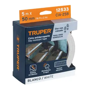 Truper Rollo de 5m de cinta antiderrapante blanca 50mm con abrasivo