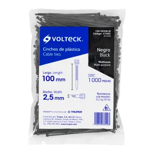 Volteck Bolsa con 1000 cinchos plásticos 18 lb, 100x2.5 mm, negros