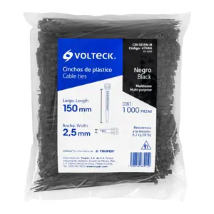 Volteck Bolsa con 1000 cinchos plásticos 18 lb, 150x2.5 mm, negros