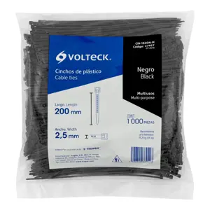 Volteck Bolsa con 1000 cinchos plásticos 18 lb, 200x2.5 mm, negros