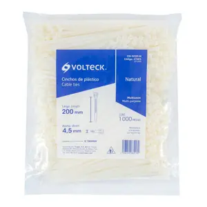 Volteck Bolsa con 1000 cinchos plásticos 50lb, 200x4.5 mm, naturales