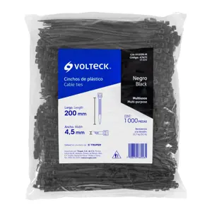 Volteck Bolsa con 1000 cinchos plásticos 50 lb, 200x4.5 mm, negros