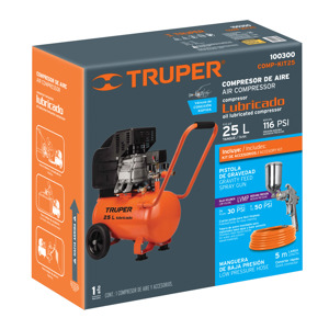 100300 / COMP-KIT25 TRUPER Kit, Compresor 25 L, 3 HP, Manguera De PVC Y ...