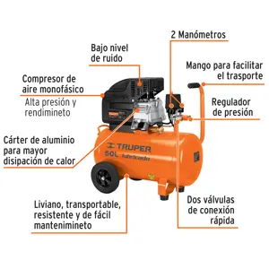 Kit Compresor de aire 50L 3½HP, manguera y pistola, Truper