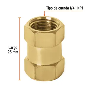 Cople de latón, tipo FF, cuerda 1/4 NPT, Truper