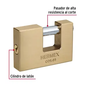 Hermex Candado antipalanca, 65mm, cuerpo de latón llave tradicional