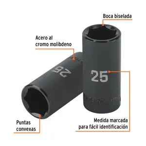 Dado largo impacto de 25 mm, 6 puntas, cuadro 1/2