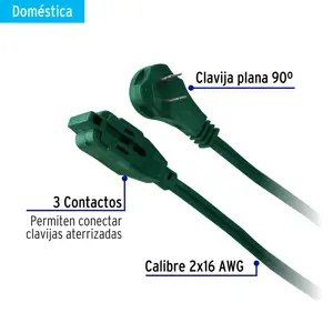 Volteck Extensión eléctrica doméstica 10 m verde con clavija plana