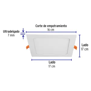 Volteck Luminario ultradelgado cuadrado p/empotrar 12W, luz de día