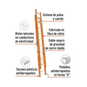 Truper Escalera de extensión, tipo II, 28 peldaños, fibra de vidrio