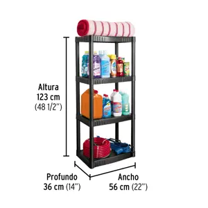 Estante plástico 4 repisas cap. 27 Kg, 123x36x56, PRETUL