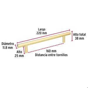 Hermex Jaladera de acero, 160mm, línea Cilindro, latón brillante