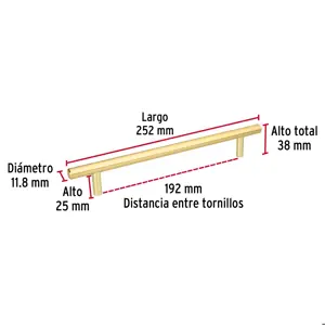 Hermex Jaladera de acero, 192mm, línea Cilindro, latón brillante