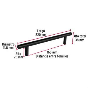 Jaladera de acero, 160mm, línea Cilindro, negro, HERMEX