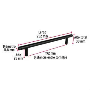 Jaladera de acero, 192mm, línea Cilindro, negro, HERMEX