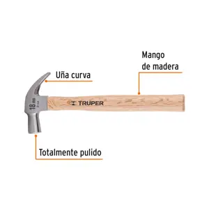 Martillo cabeza cónica 18 mm uña curva, mango madera, TRUPER