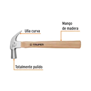 Martillo cabeza cónica 27 mm uña curva, mango madera, TRUPER