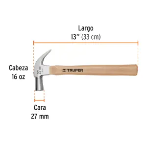 Martillo cabeza cónica 27 mm uña curva, mango madera, TRUPER