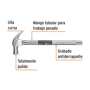 Martillo cabeza cónica 27 mm uña curva, mango tubular,TRUPER