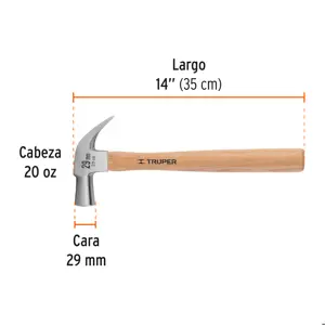 Martillo cabeza cónica 29 mm uña curva, mango madera, TRUPER