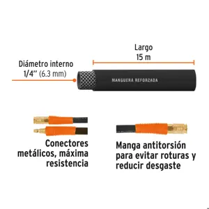 Manguera para compresor, de hule, 15m x 1/4