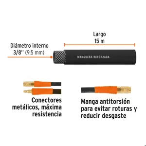 Manguera para compresor, de hule, 15m x 3/8