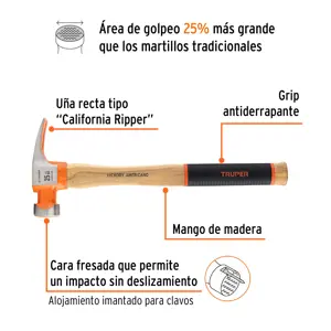 Martillo 25 oz uña recta tipo California Ripper, Truper Grip