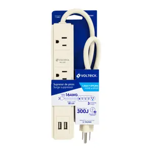 Volteck Multicontacto 16 AWG 3 entradas 2 puertos USB supresor 300 J