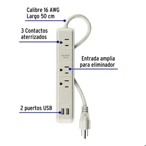 Volteck Multicontacto 16 AWG 3 entradas 2 puertos USB supresor 300 J