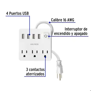 Volteck Multicontacto 16 AWG doméstico 3 entradas 4 ptos USB, blanco