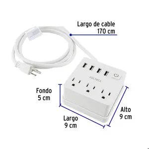 Volteck Multicontacto 16 AWG doméstico 3 entradas 4 ptos USB, blanco