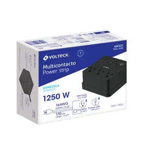 Volteck Multicontacto 16 AWG doméstico, 3 entradas 4 ptos USB, negro