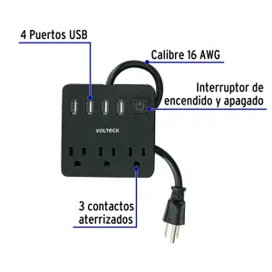 Volteck Multicontacto 16 AWG doméstico, 3 entradas 4 ptos USB, negro