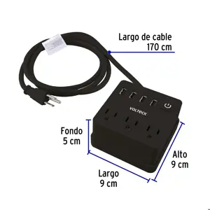 Volteck Multicontacto 16 AWG doméstico, 3 entradas 4 ptos USB, negro