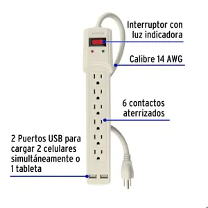 Volteck Multicontacto 16 AWG 6 entradas 2 ptos. USB sup. 150J marfil