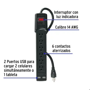 Volteck Multicontacto 16 AWG 6 entradas 2 ptos. USB sup. 150J, negro