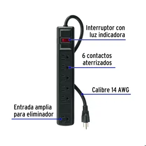 Volteck Multicontacto 14 AWG 6 ent., sup. de picos 450 joules, negro